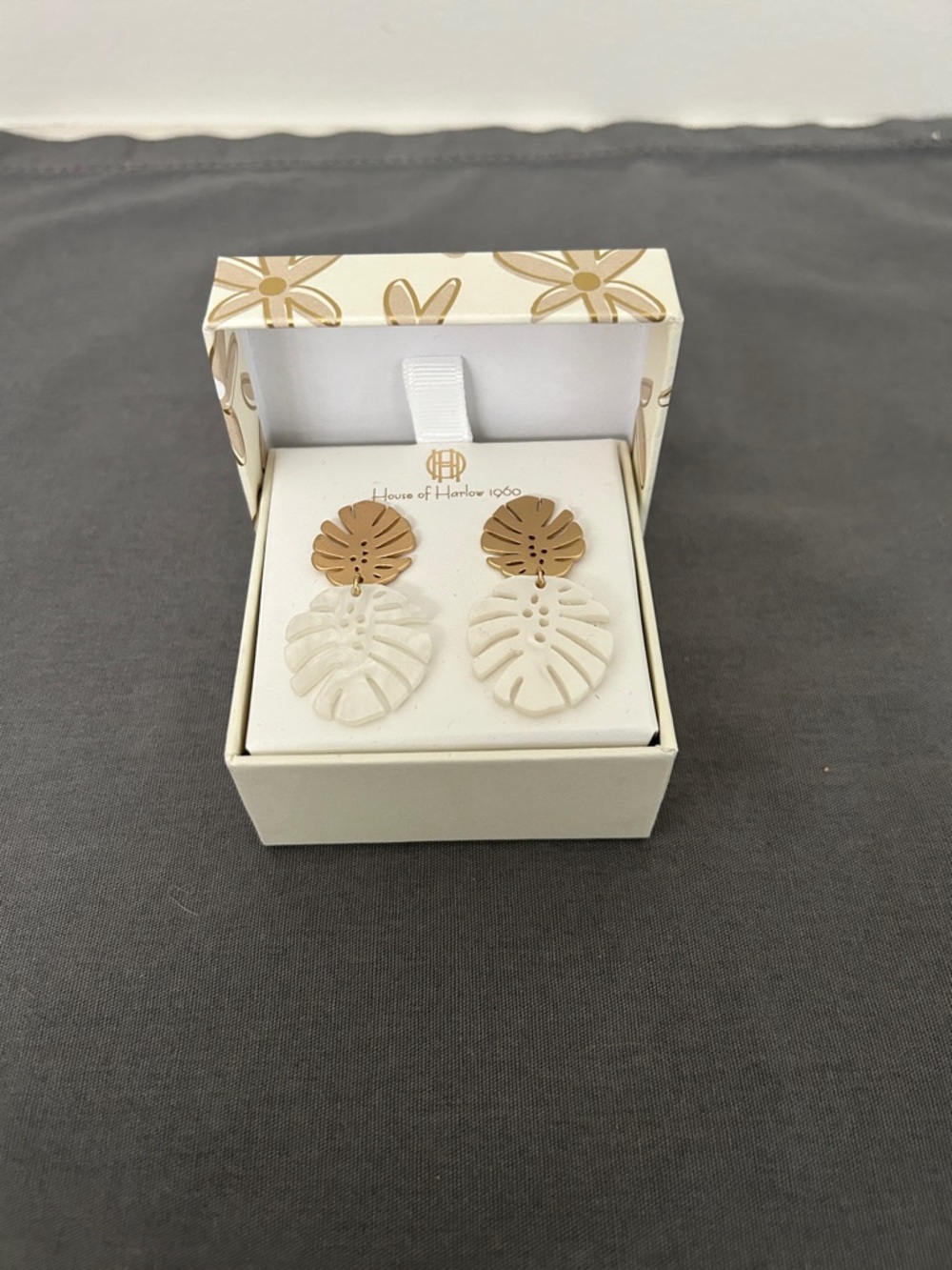 House of Harlow 1960 Cream and Gold Monstera Leaf Drop Earrings